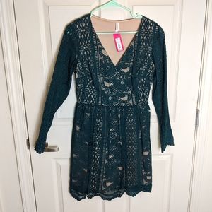 Xhilaration Teal Lace Long Sleeve Dress